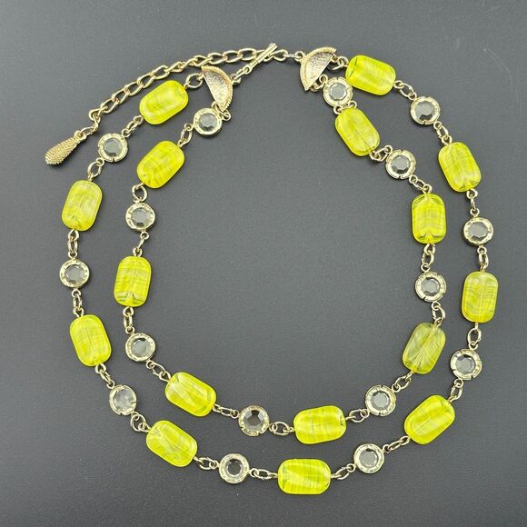Yellow Swirl Glass Bead Crystal Gold-tone 2-strand Necklace UV Reactive GLOW VTG - Picture 3 of 16